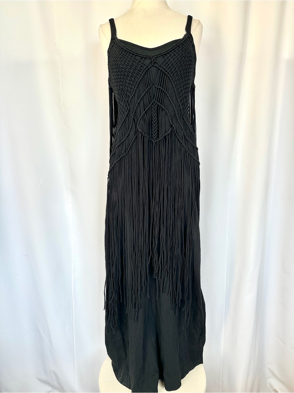 RALPH LAUREN DENIM & SUPPLY BLACK CROCHET OVERLAY LONG FRINGE BOHO MAXI DRESS M - Picture 2 of 14